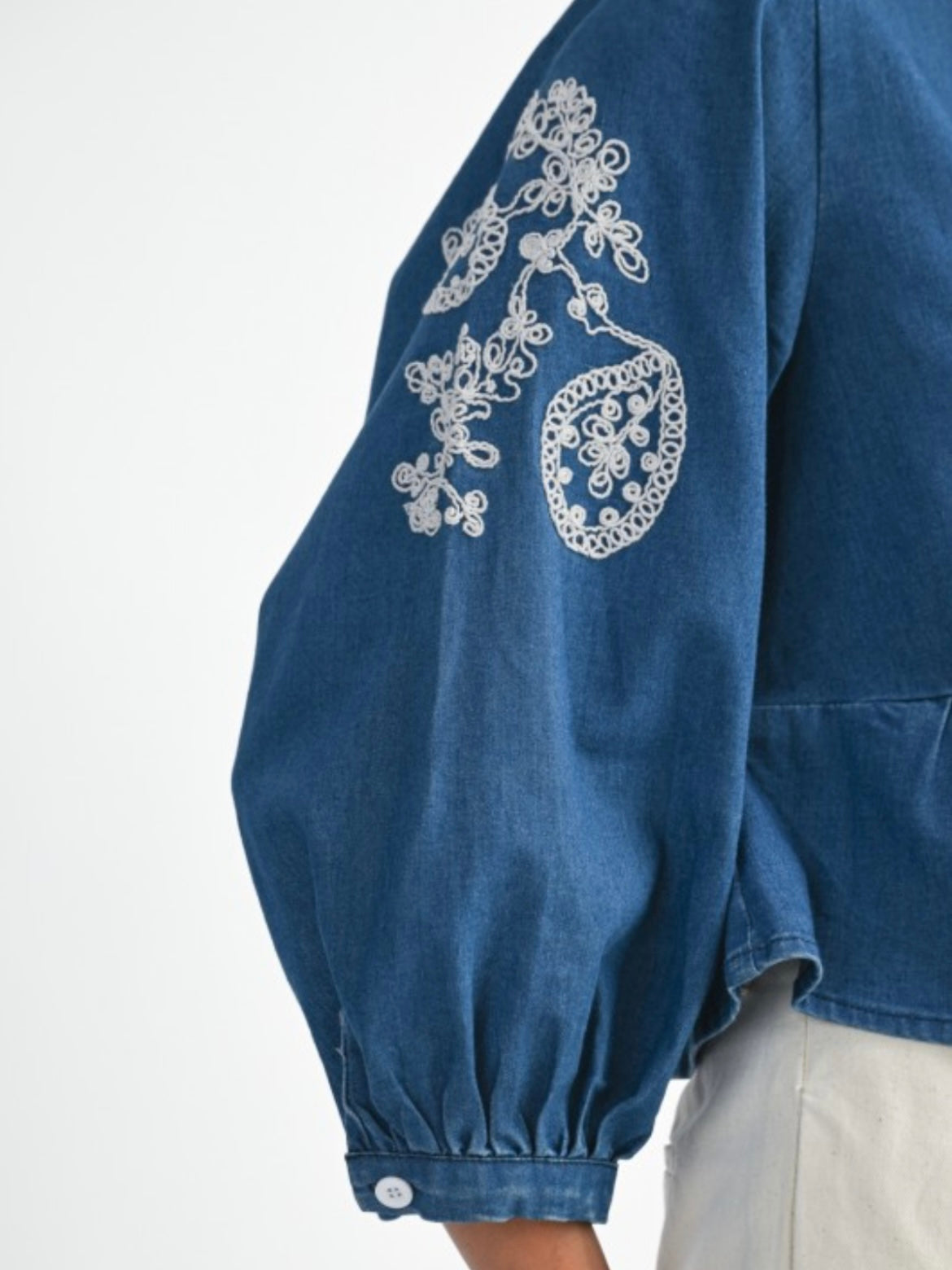 Denim Embroidered Cropped Blouse With Bead Detail