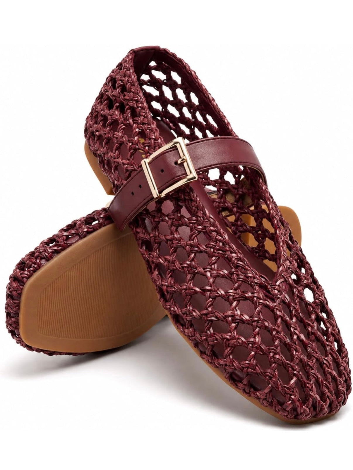 Brown ballet net straw flats shoes