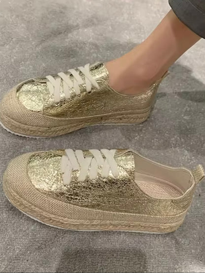 Gold platform espadrilles lace up sneakers