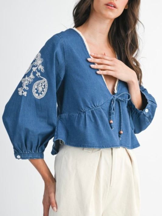 Denim Embroidered Cropped Blouse With Bead Detail