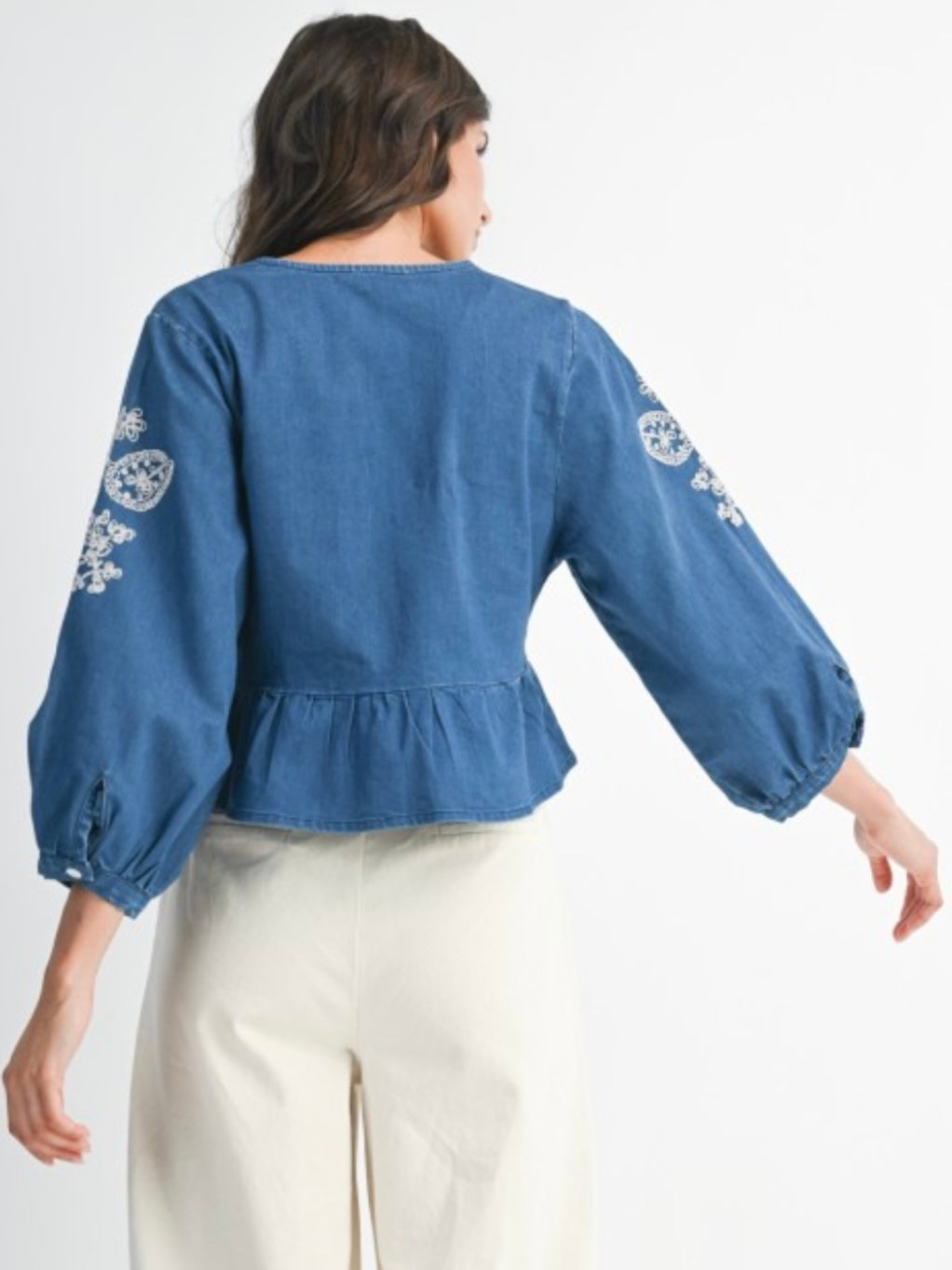 Denim Embroidered Cropped Blouse With Bead Detail
