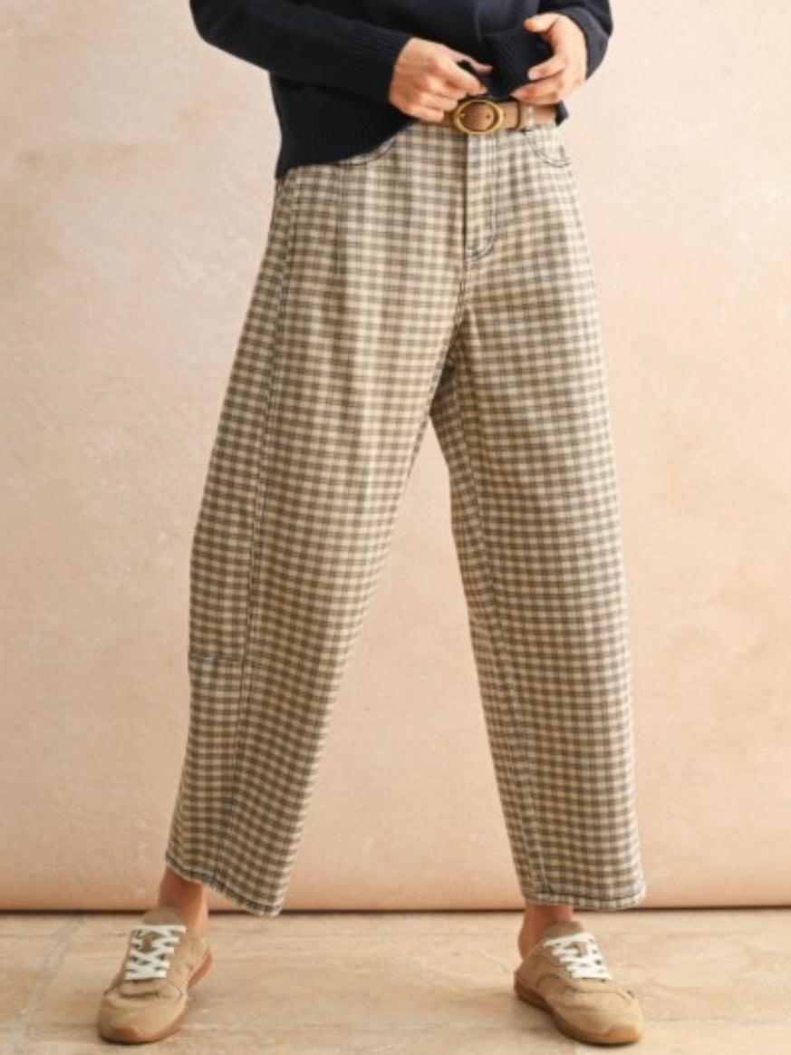 Mini Checker Pattern Barrel Pants