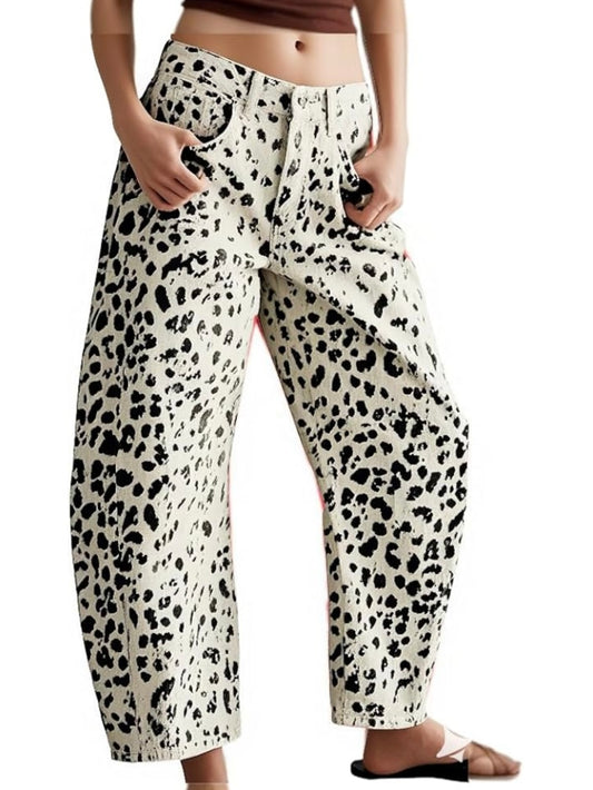 Off white and black leopard print Pattern Barrel Pants