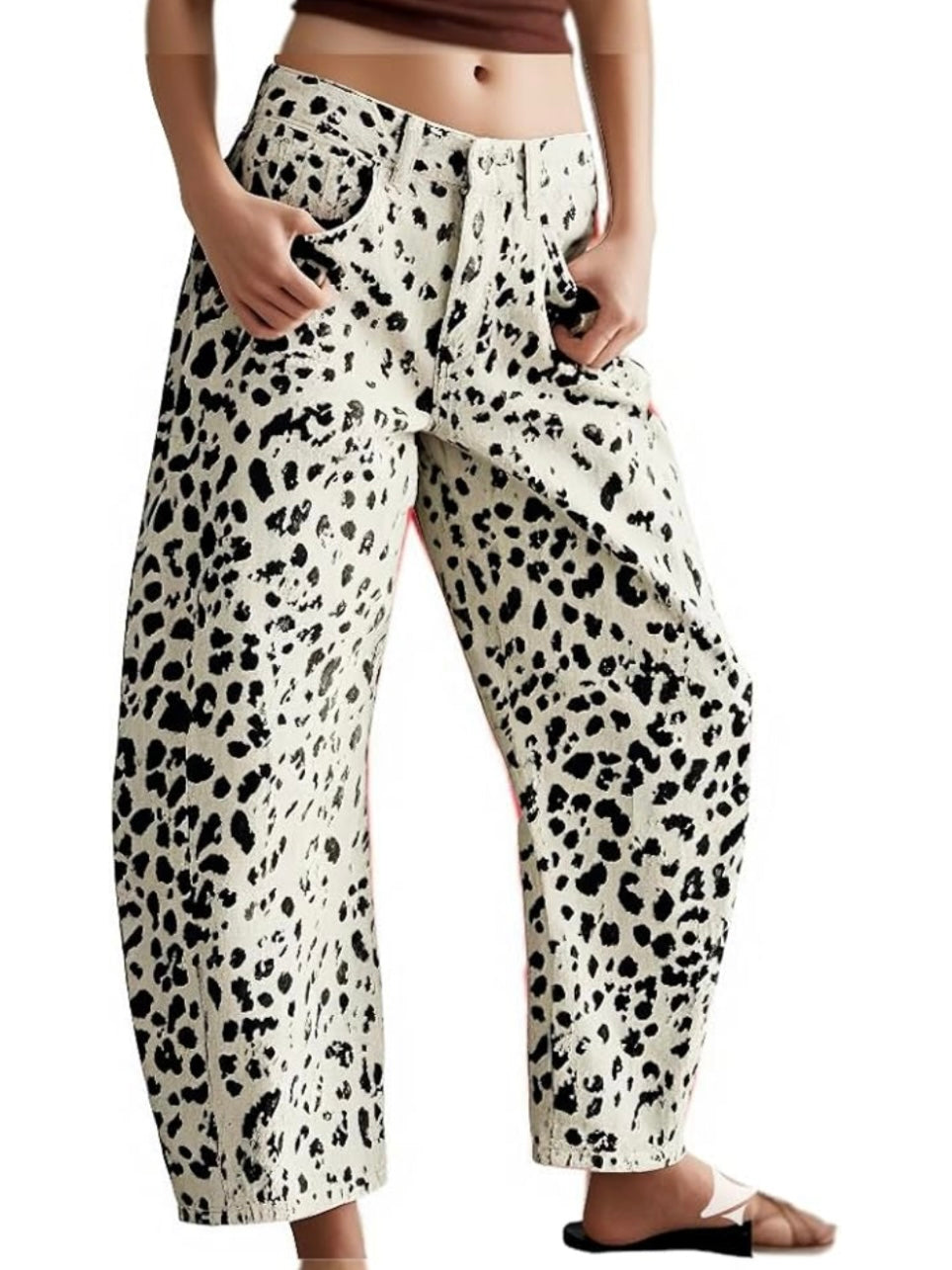 Off white and black leopard print Pattern Barrel Pants