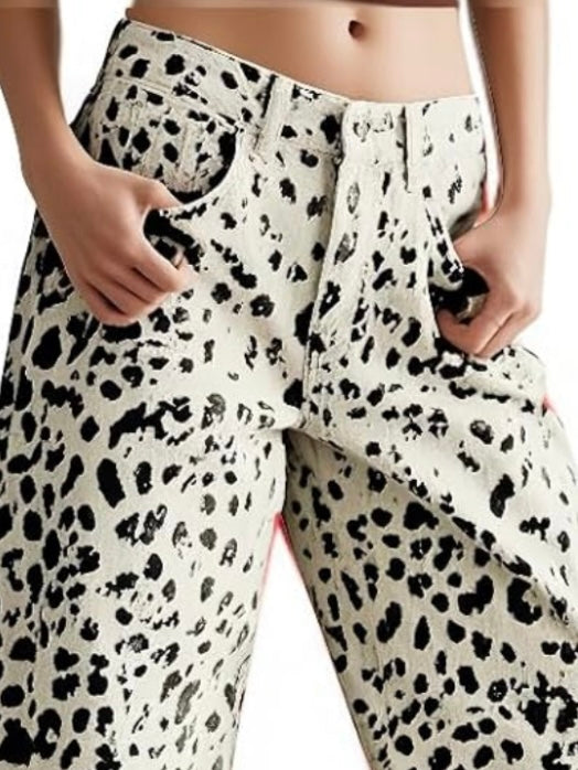 Off white and black leopard print Pattern Barrel Pants