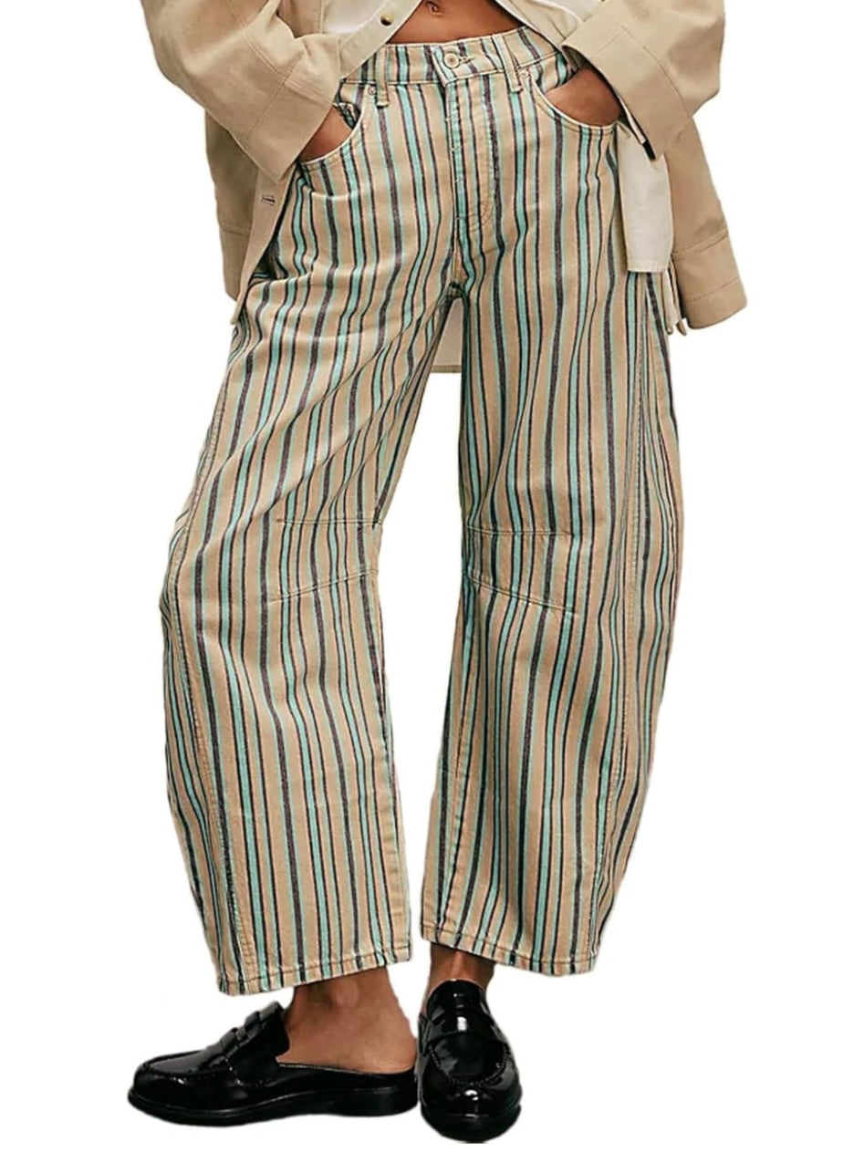 Beige striped print Pattern Barrel Pants