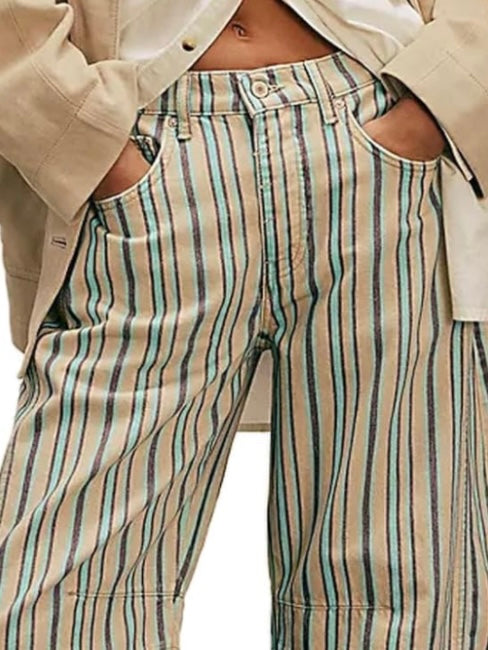 Beige striped print Pattern Barrel Pants