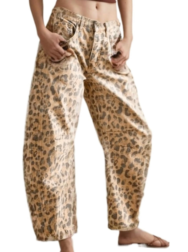Beige leopard print Pattern Barrel Pants
