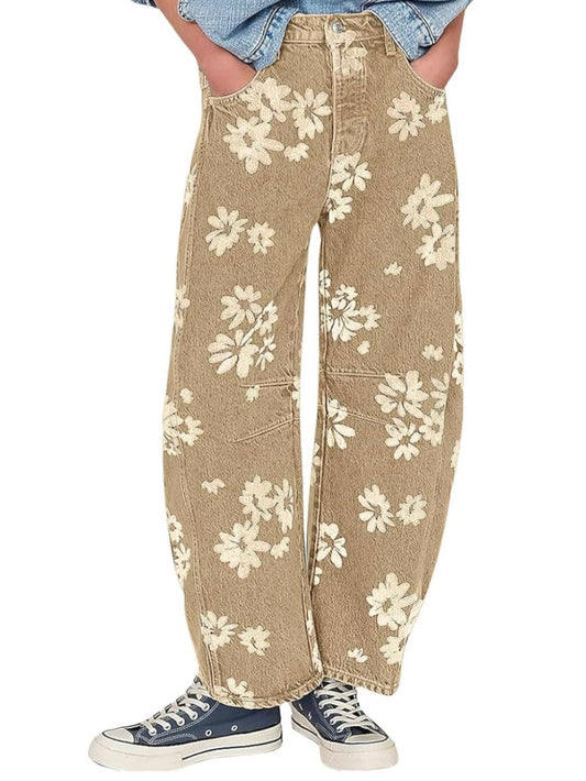 Beige floral print Pattern Barrel Pants