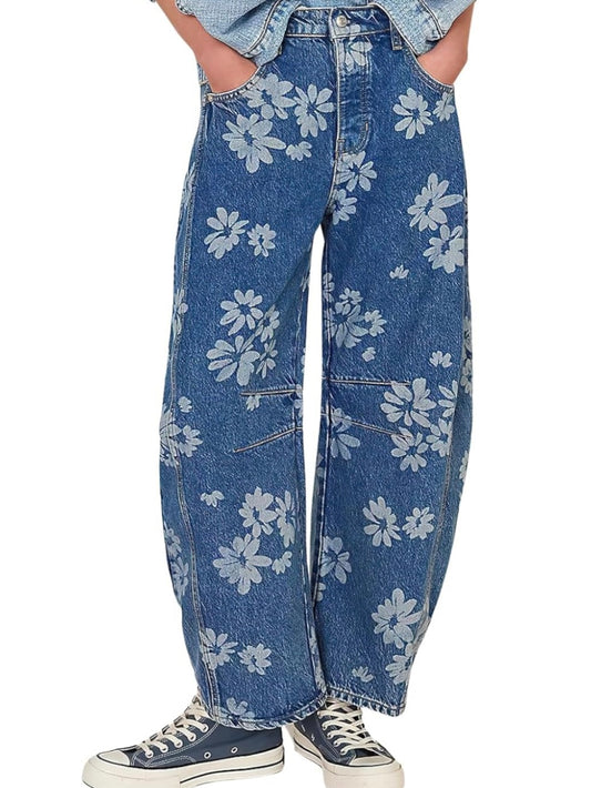 Blue floral print Pattern Barrel Pants