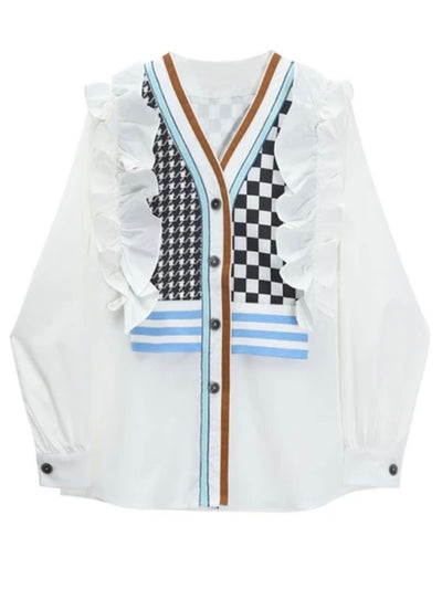 White V-neckline mix fabrics shirt