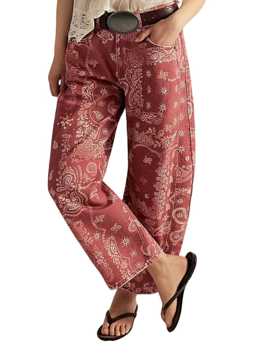 Red bacteria and floral print Pattern Barrel Pants
