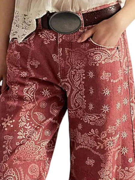 Red bacteria and floral print Pattern Barrel Pants