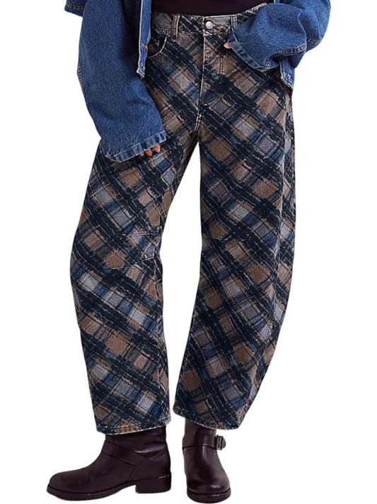 Blue Striped & Square Print Barrel Pants – Limited Edition