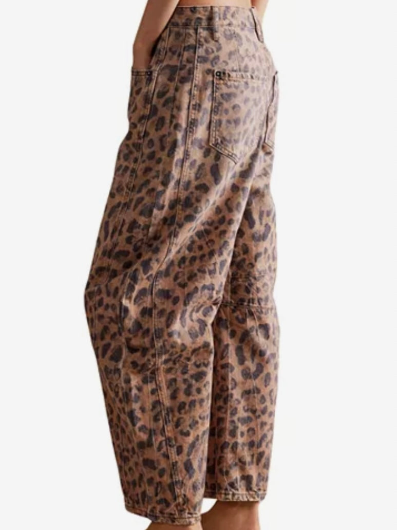 Beige leopard print Pattern Barrel Pants