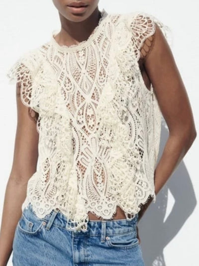 Beige embroidered texture lace top