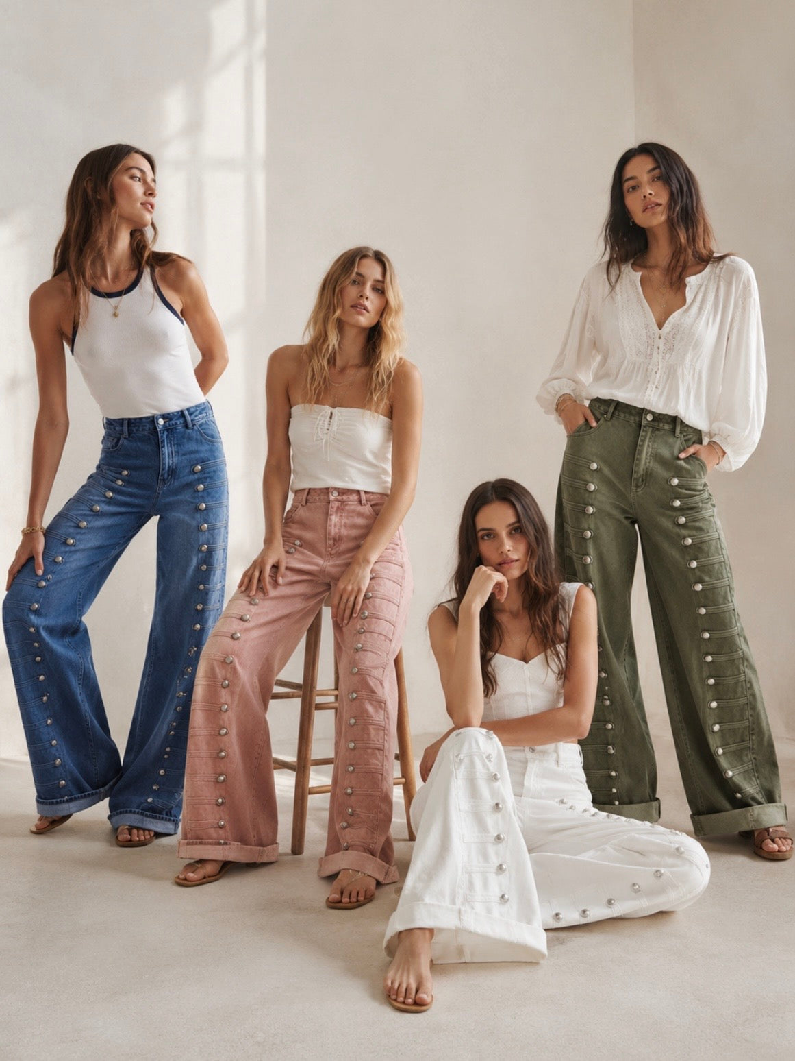 Solid colors barrel seams studded details pants