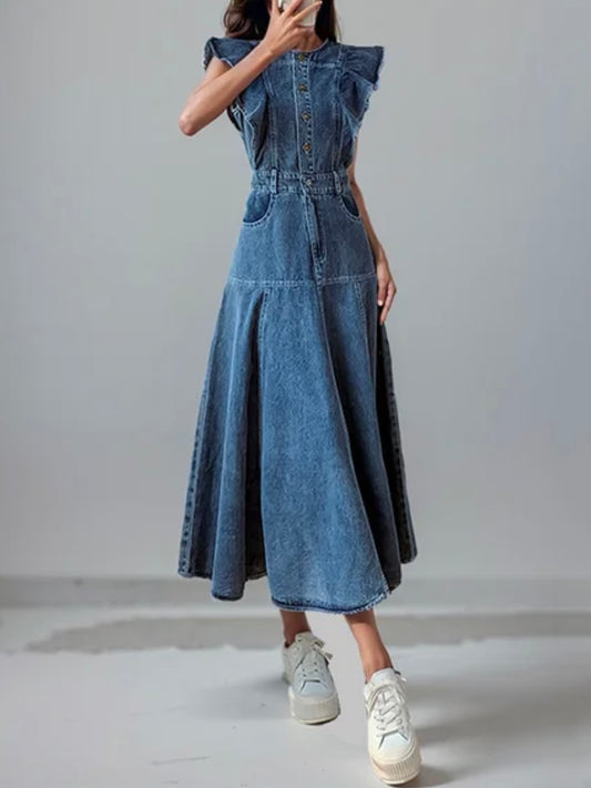 Denim short sleeves maxi dress