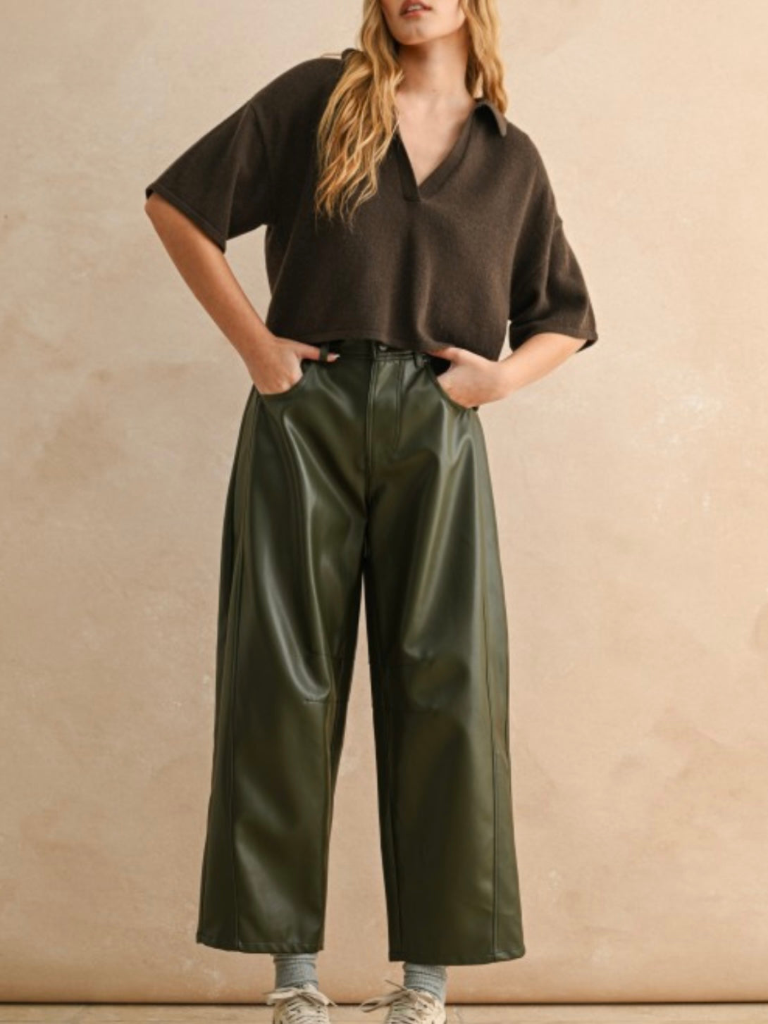 Green olive pleather Barrel Pants
