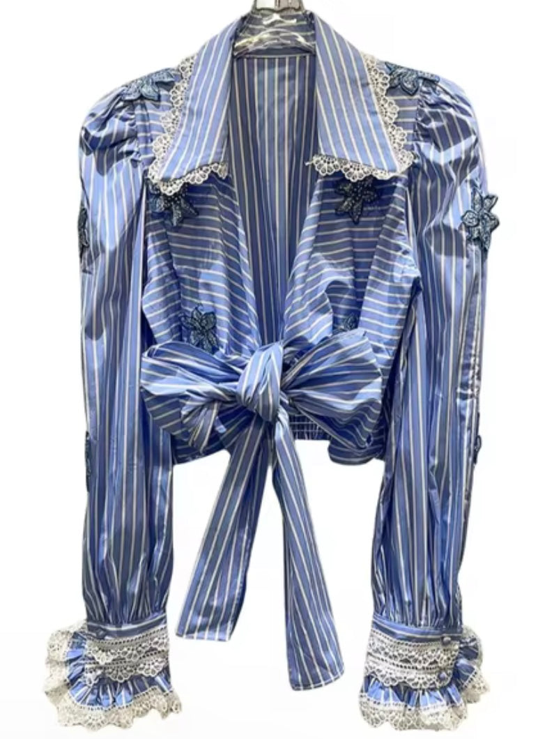 Blue and white striped bow embroidered shirt white lace