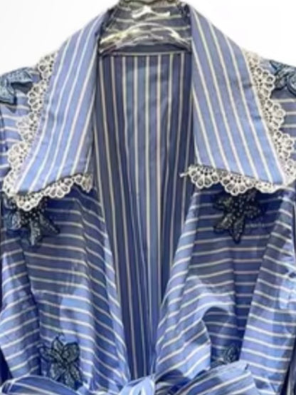 Blue and white striped bow embroidered shirt white lace