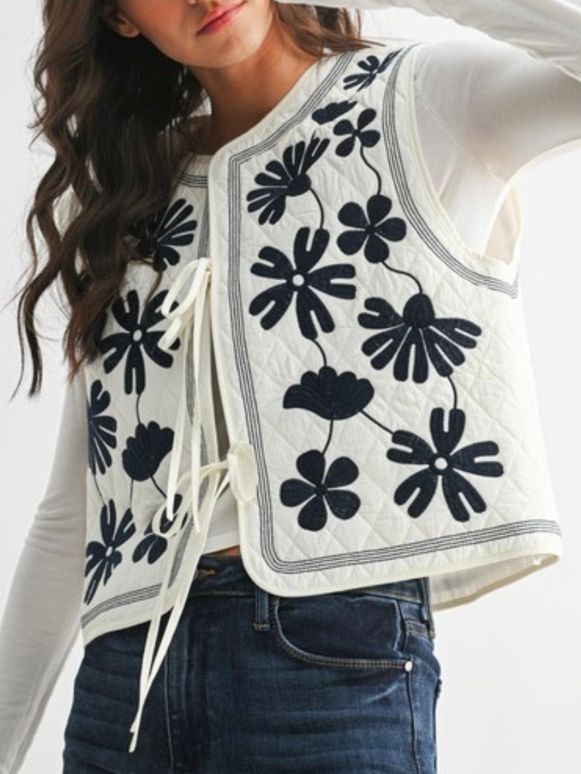 White and blue floral embroidered detail quilted Vest Top