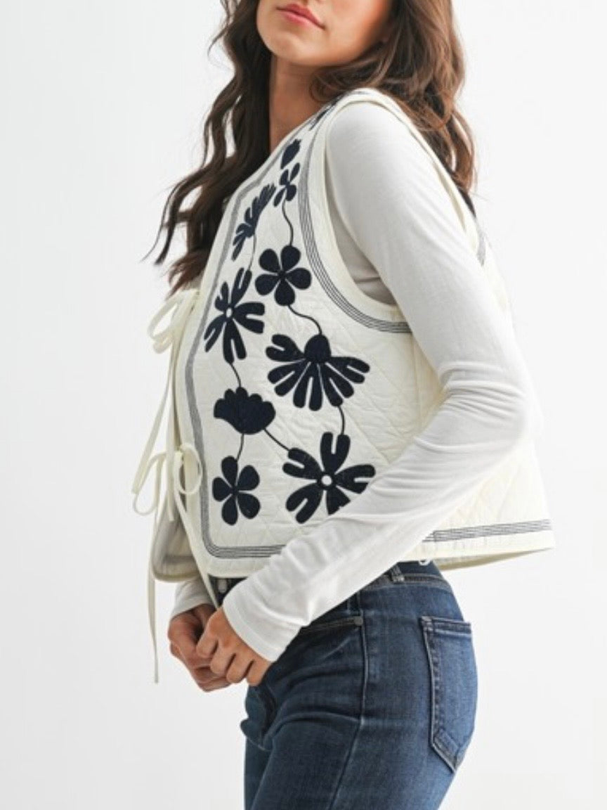 White and blue floral embroidered detail quilted Vest Top