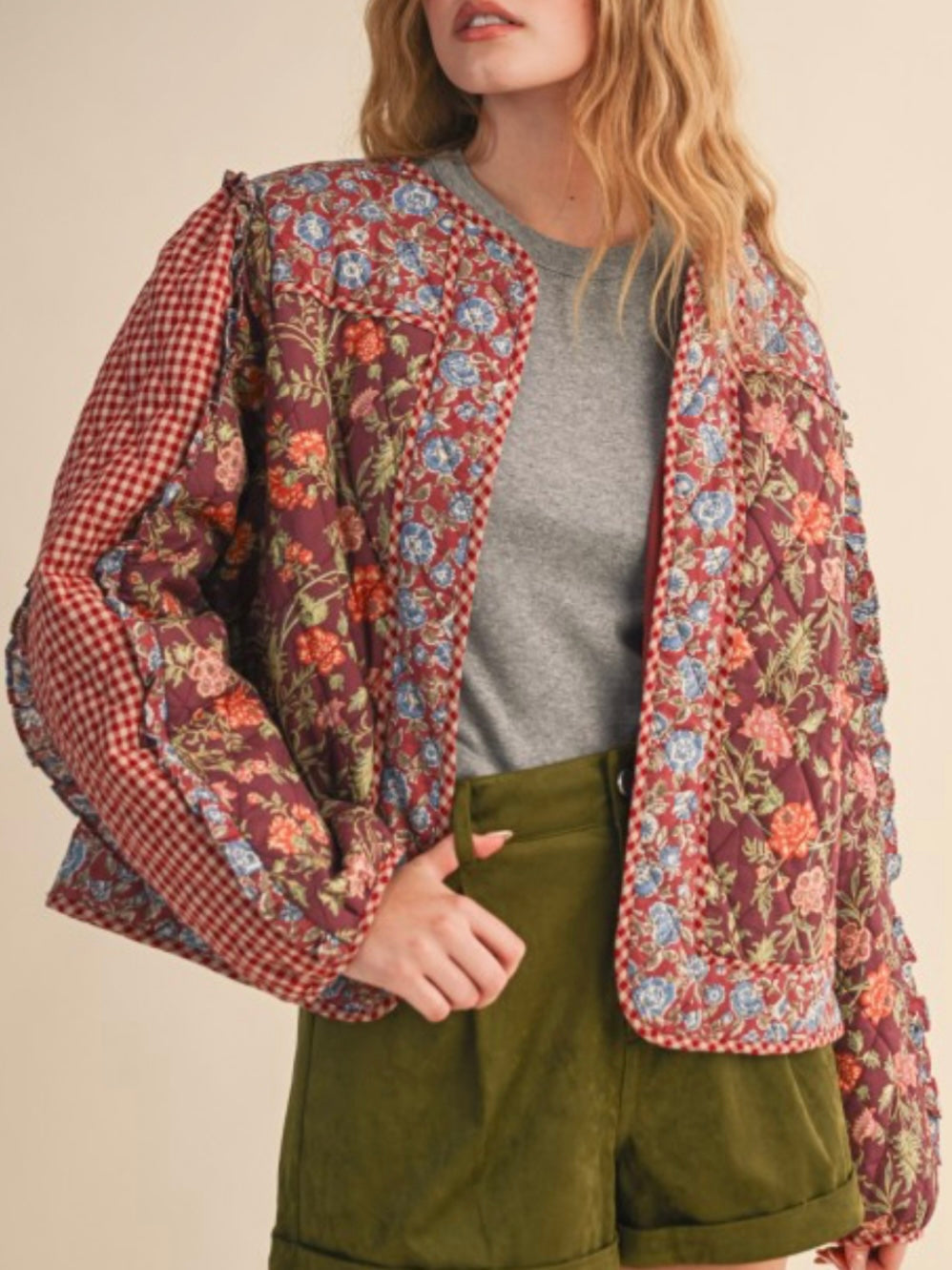 Mixed Print Quilted Jacket With Ruffle Trim