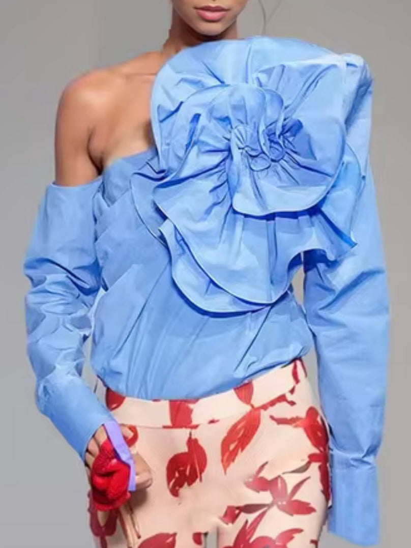 Light blue big flower one shoulder asymmetrical shirt