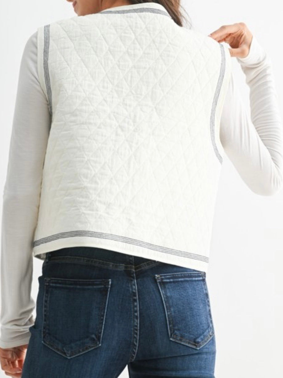 White and blue floral embroidered detail quilted Vest Top