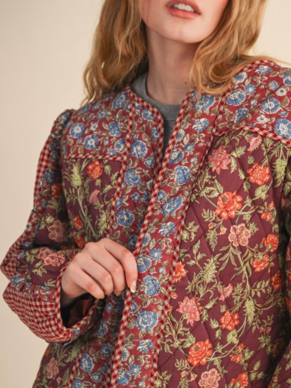 Mixed Print Quilted Jacket With Ruffle Trim