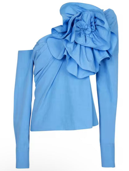 Light blue big flower one shoulder asymmetrical shirt