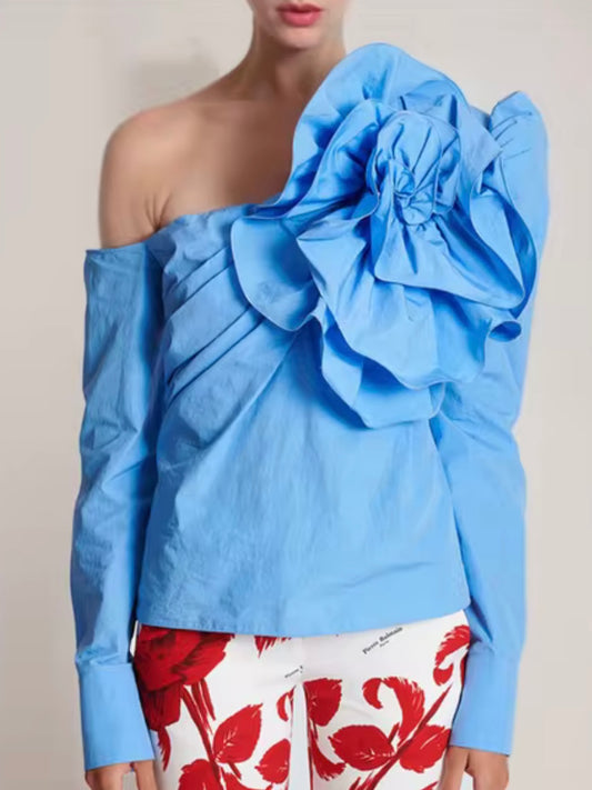 Light blue big flower one shoulder asymmetrical shirt