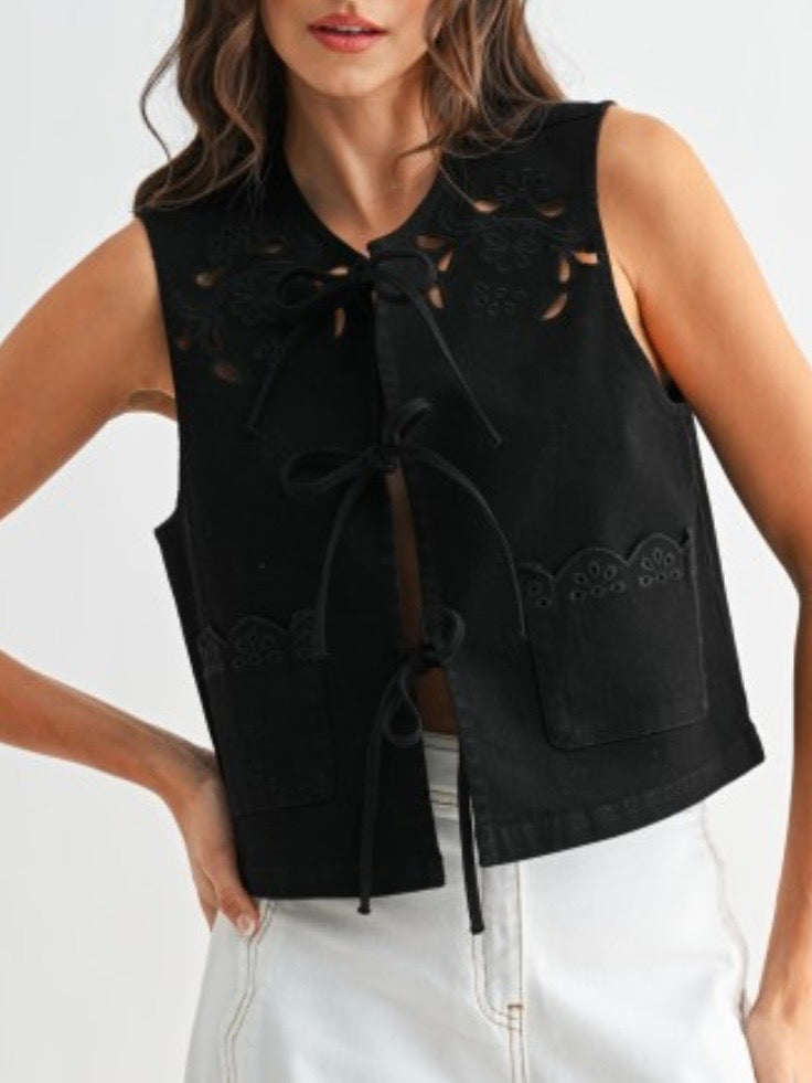 Black embroidered and cutout detail Vest Top