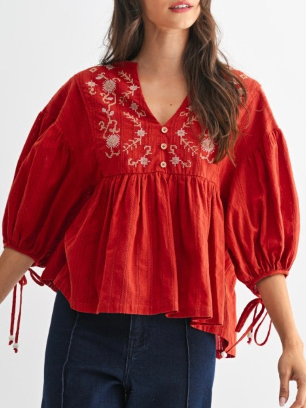 Red floral puff short sleeves blouse top