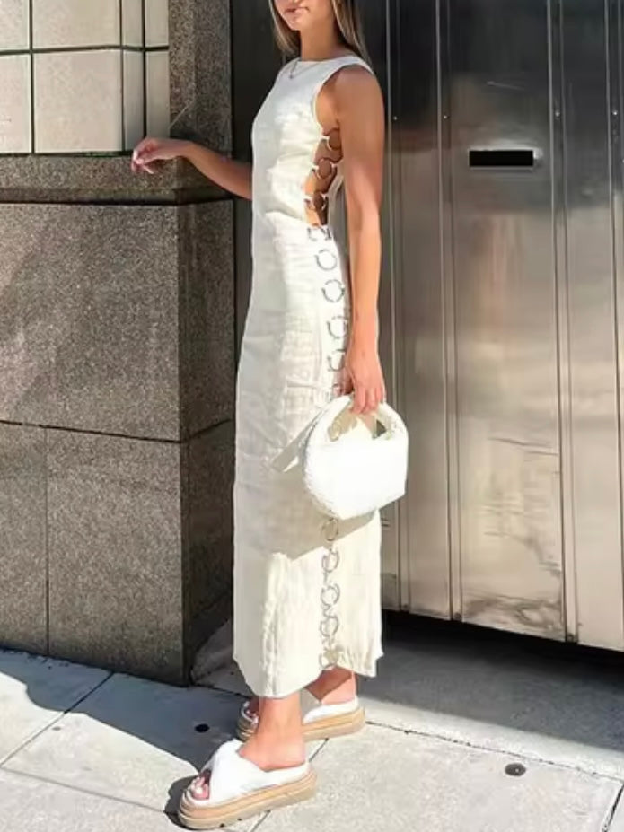 White open sides metallic rings tube skirt maxi dress