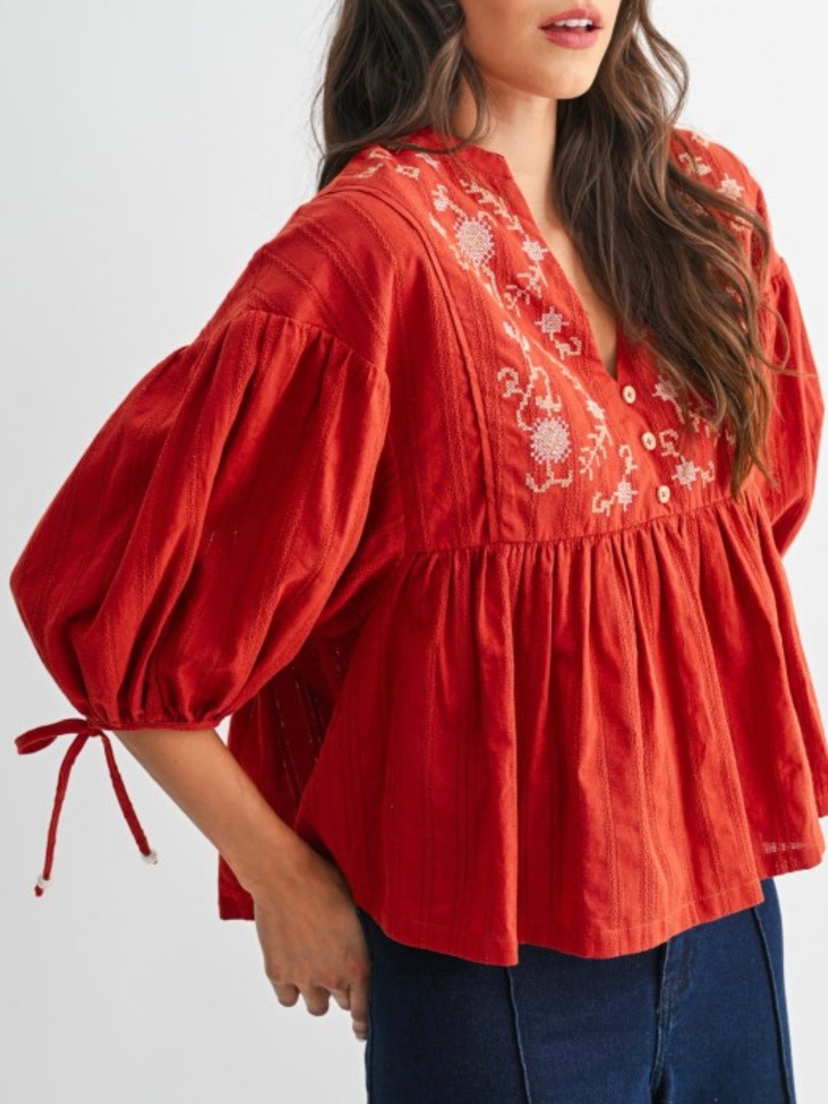 Red floral puff short sleeves blouse top
