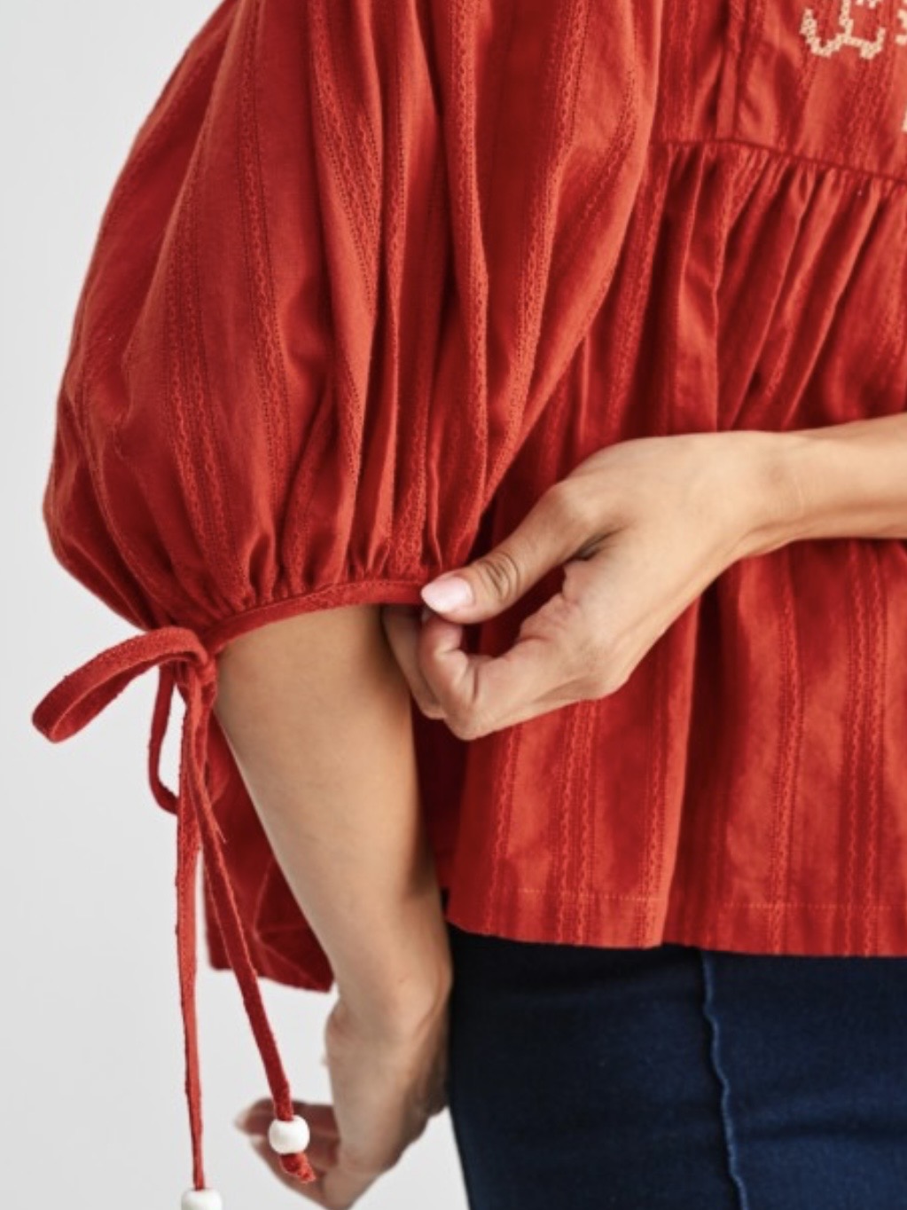Red floral puff short sleeves blouse top