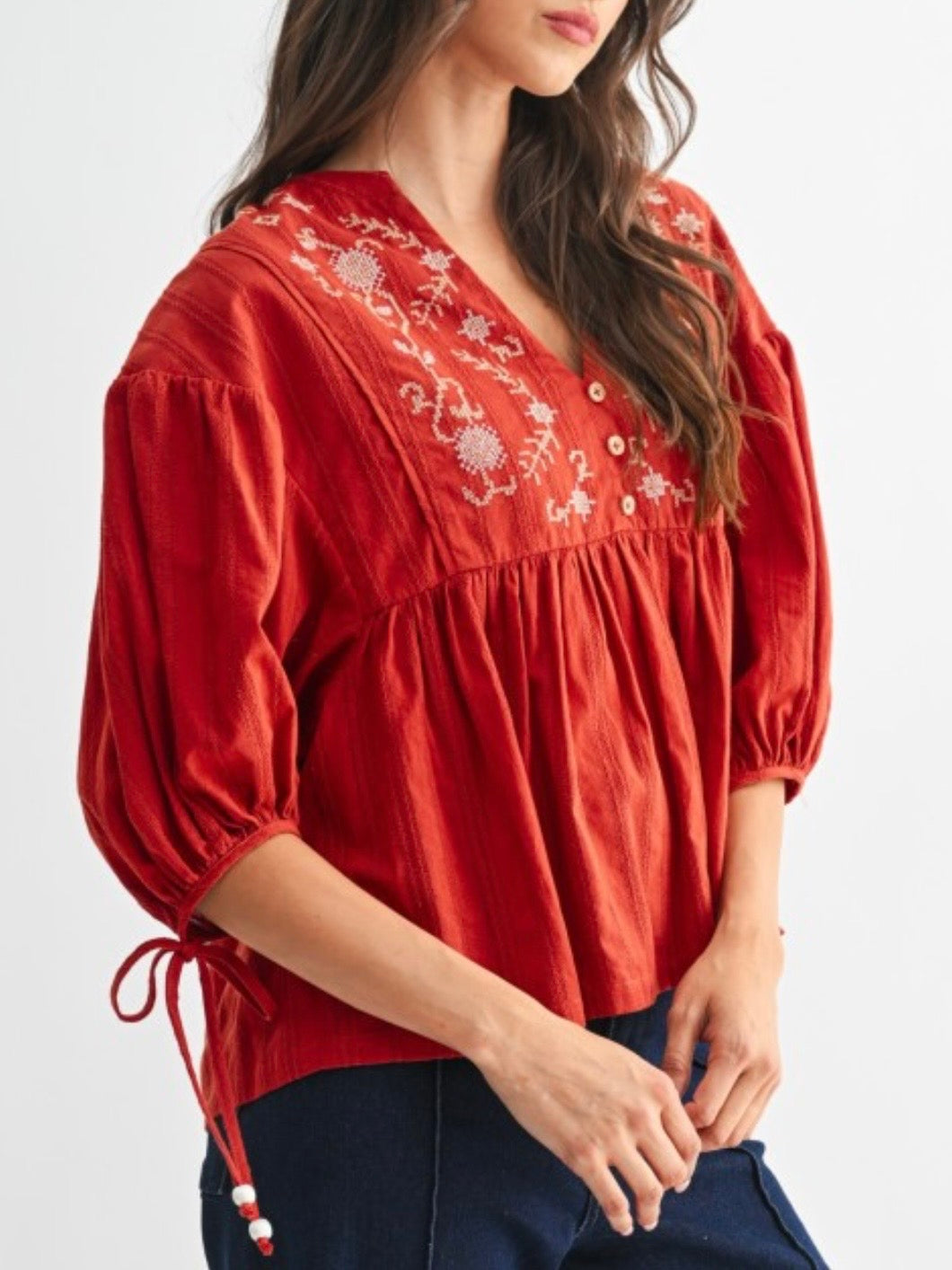 Red floral puff short sleeves blouse top