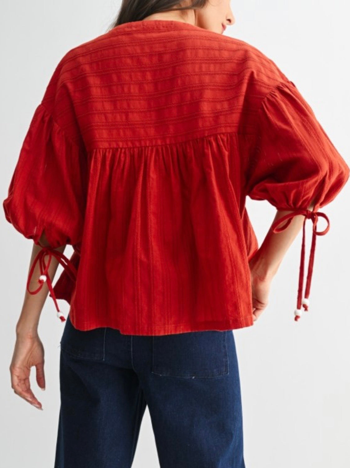 Red floral puff short sleeves blouse top