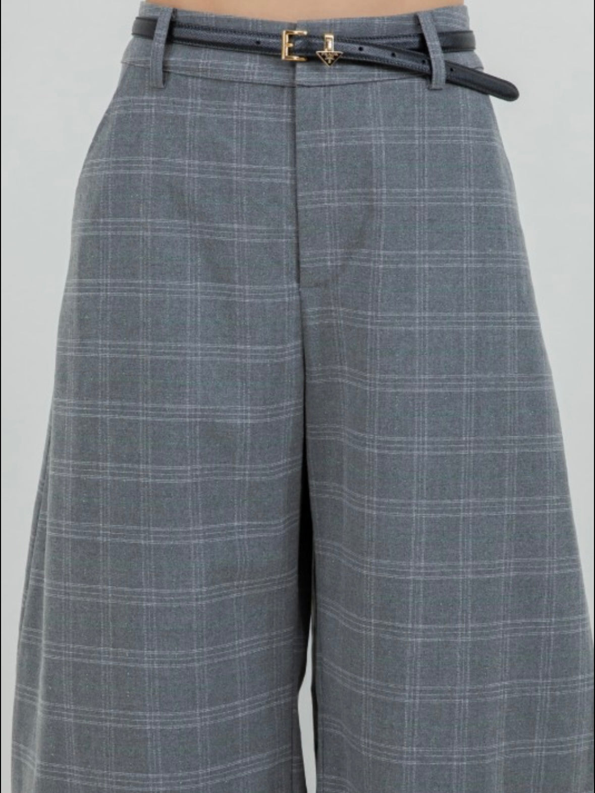 Gray structures woven plaid print barrel fit trousers