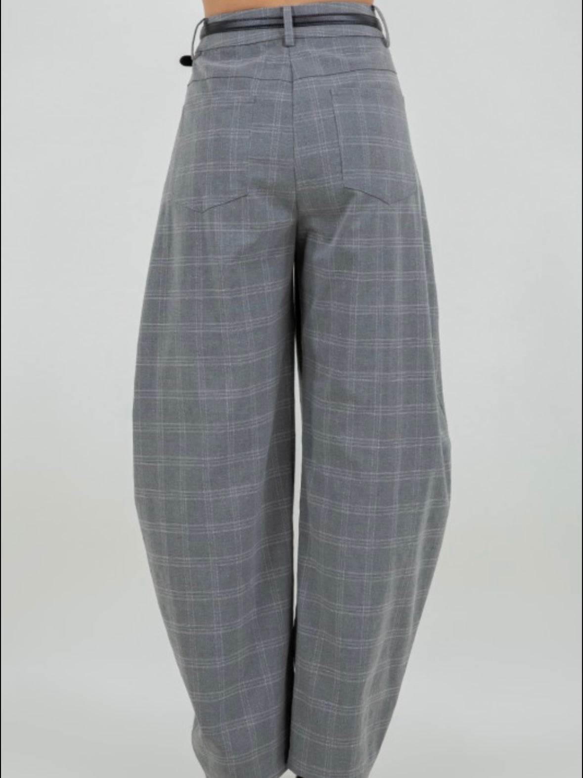 Gray structures woven plaid print barrel fit trousers