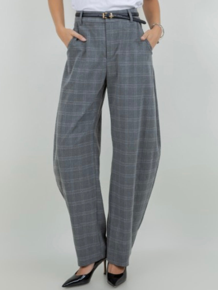 Gray structures woven plaid print barrel fit trousers