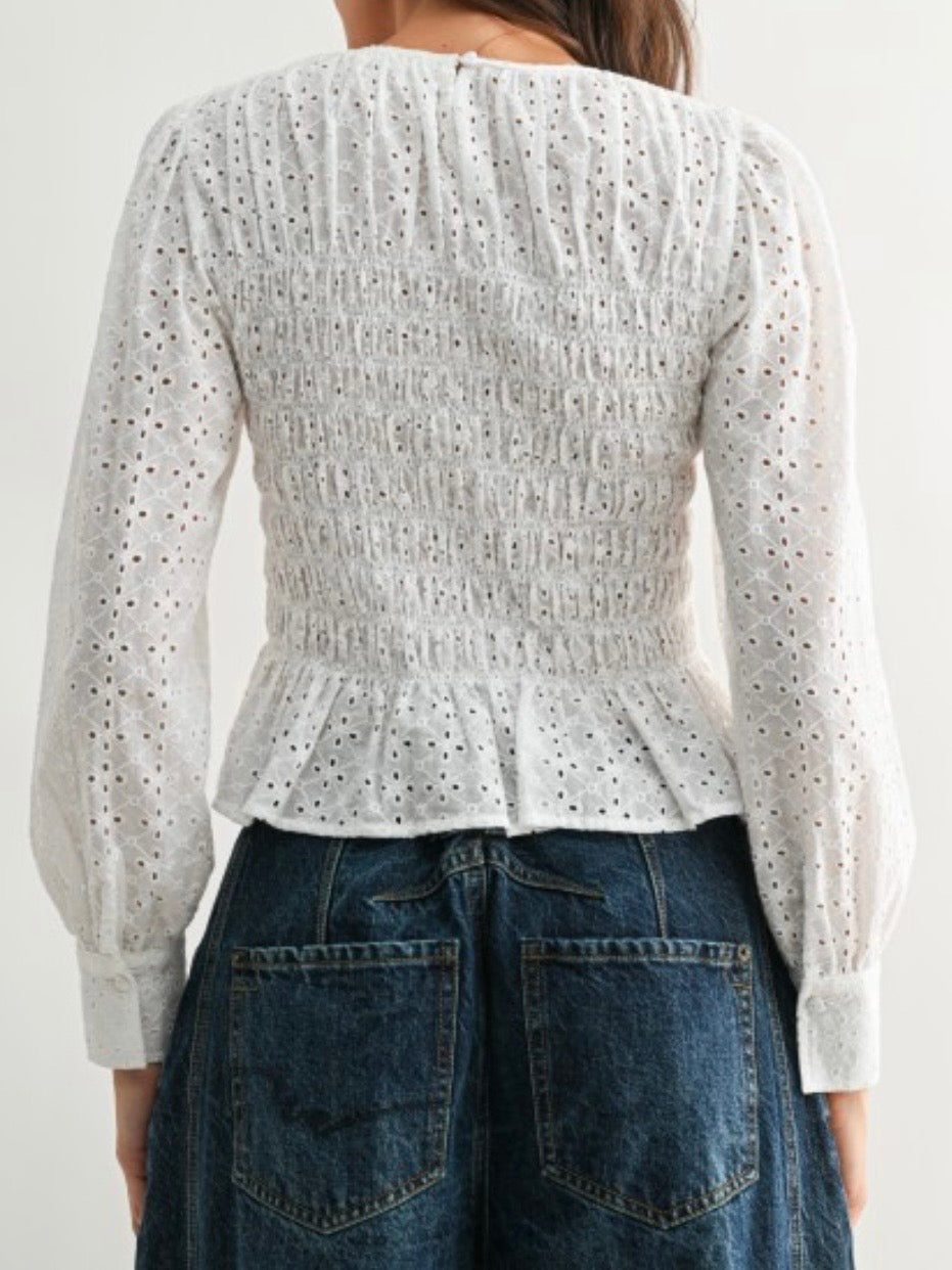 White smocked cutout lace blouse