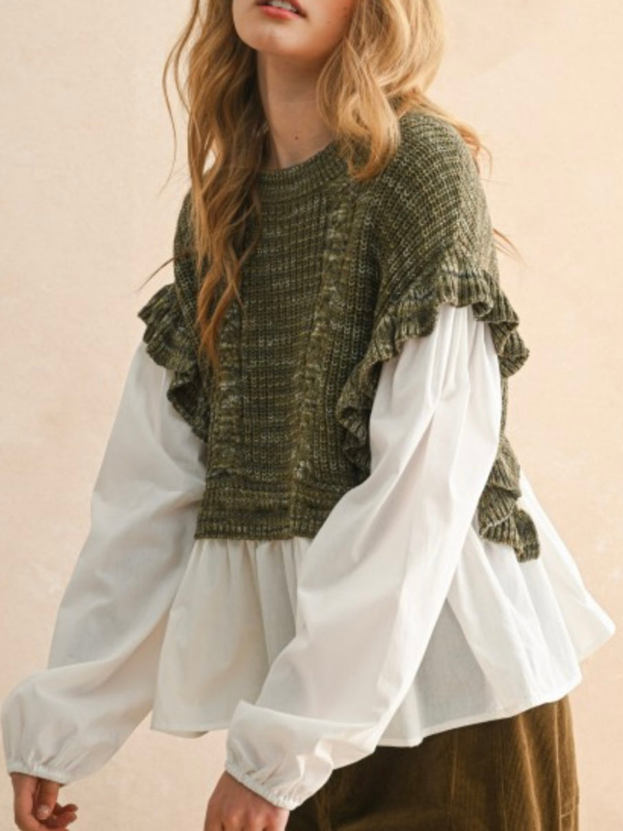Sweater combo white shirt and dark green pullover two layers embroidered texture top