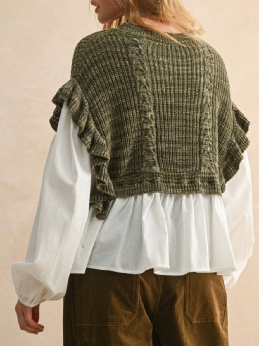 Sweater combo white shirt and dark green pullover two layers embroidered texture top