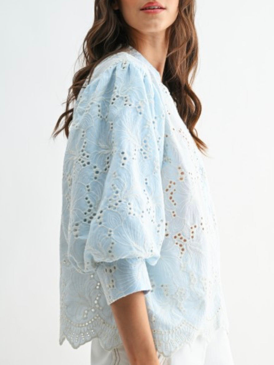 Light blue floral puff 3/4 long sleeves shirt