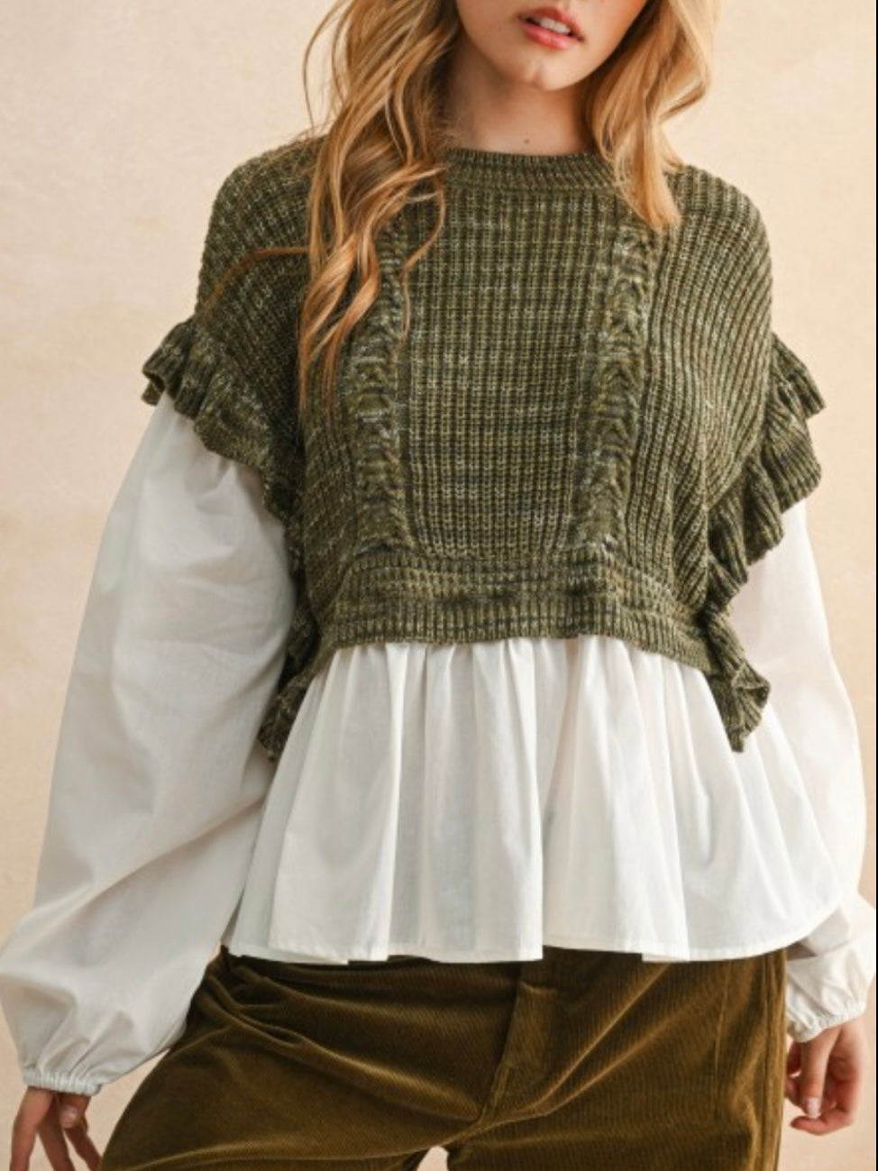 Sweater combo white shirt and dark green pullover two layers embroidered texture top