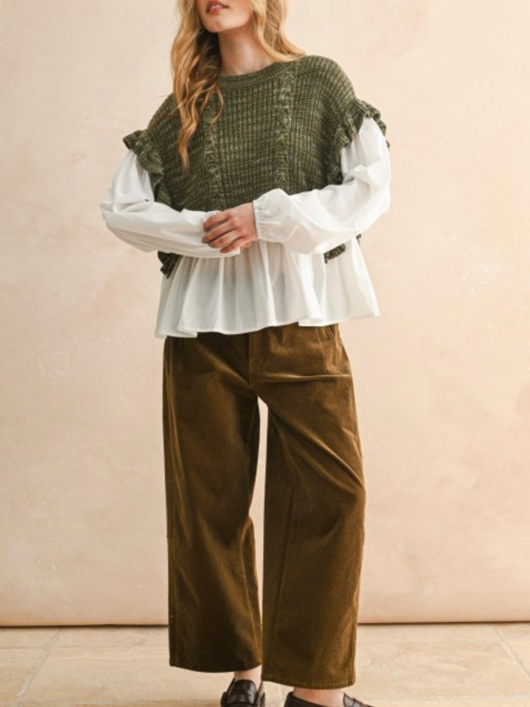 Sweater combo white shirt and dark green pullover two layers embroidered texture top