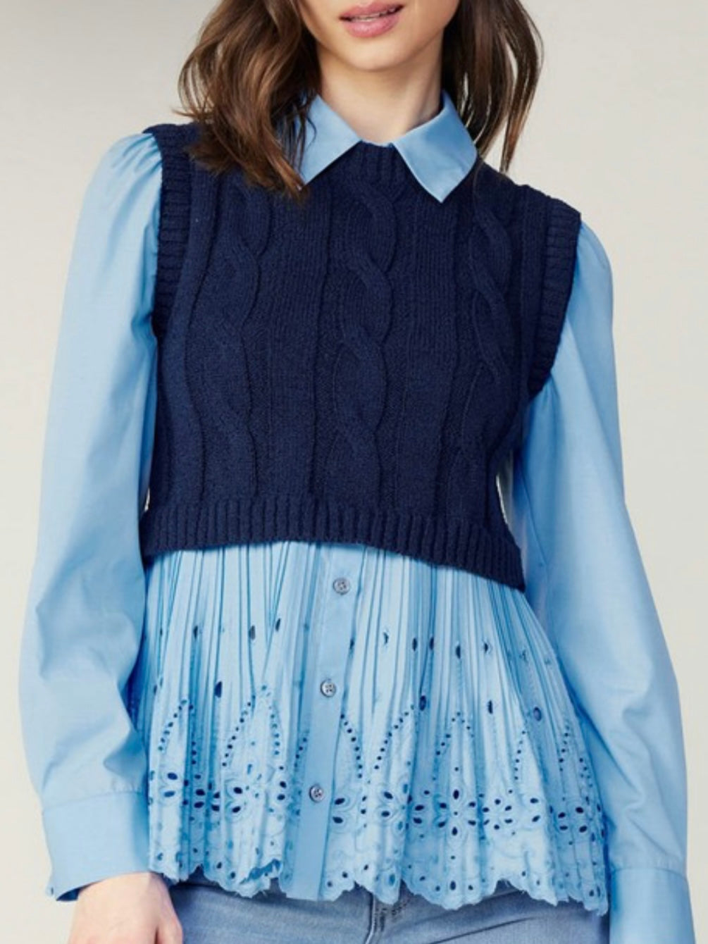 Sweater combo light blue shirt and navy blue pullover two layers embroidered texture top